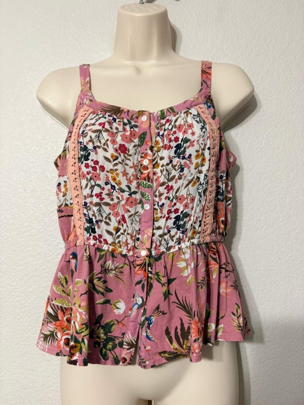 Cotton Floral Button-Front Pink Peplum Lace Detail Camisole Tank by Tiny S